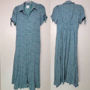 The Nines by Hatch Dress Small Green Floral Button Front Short Sleeve Collard